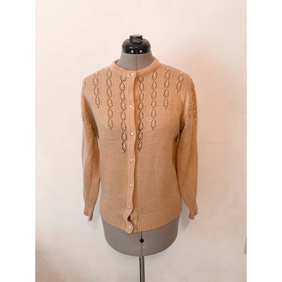 Vintage 80s Carmel Brown Beaded Knit Cardigan Sweater Size Medium - Picture 1 of 10